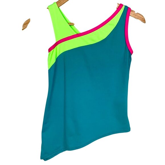 Motionwear Asymmetrical Dance Performance Wear Top Small Adult Neon Green Blue - Picture 1 of 8